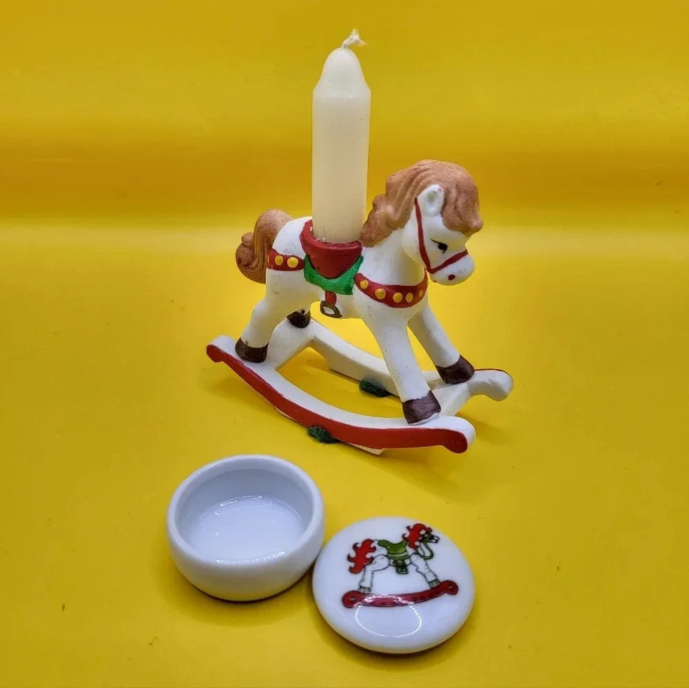 Vtg Christmas Rocking Horse Candle Holder 3" & Trinket Box 1"
